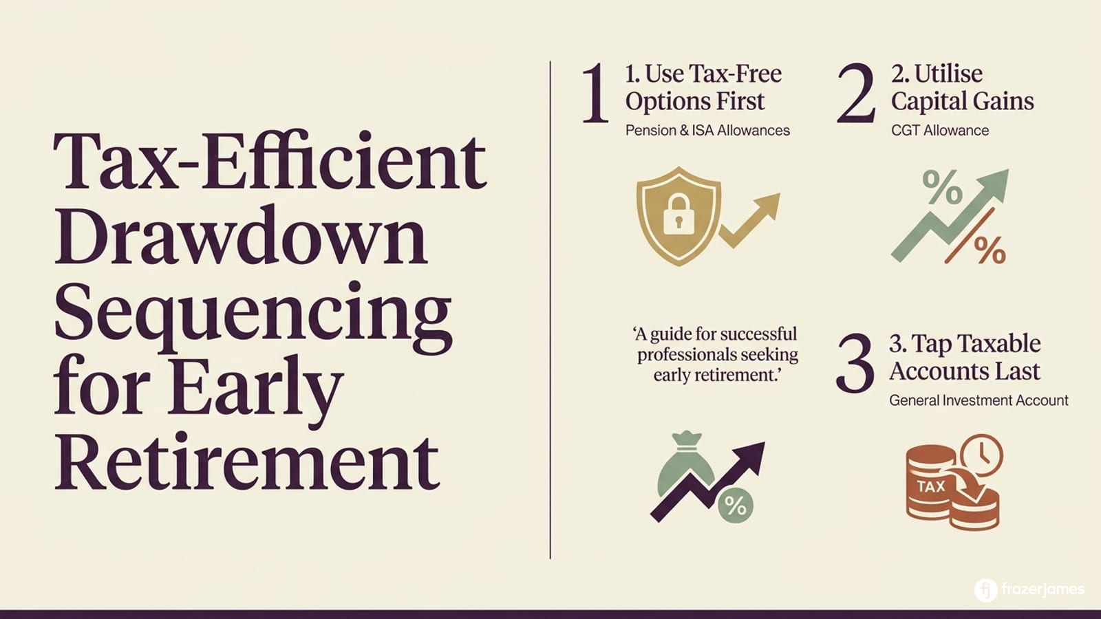 Tax-efficient drawdown sequencing for early retirement: use tax-free options first, utilise capital gains, tap taxable accounts last