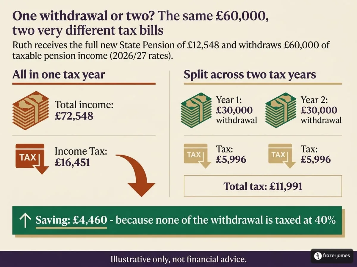 One withdrawal or two: the same £60,000 pension withdrawal taxed in one year (£16,451) versus split across two tax years (£11,991), saving £4,460