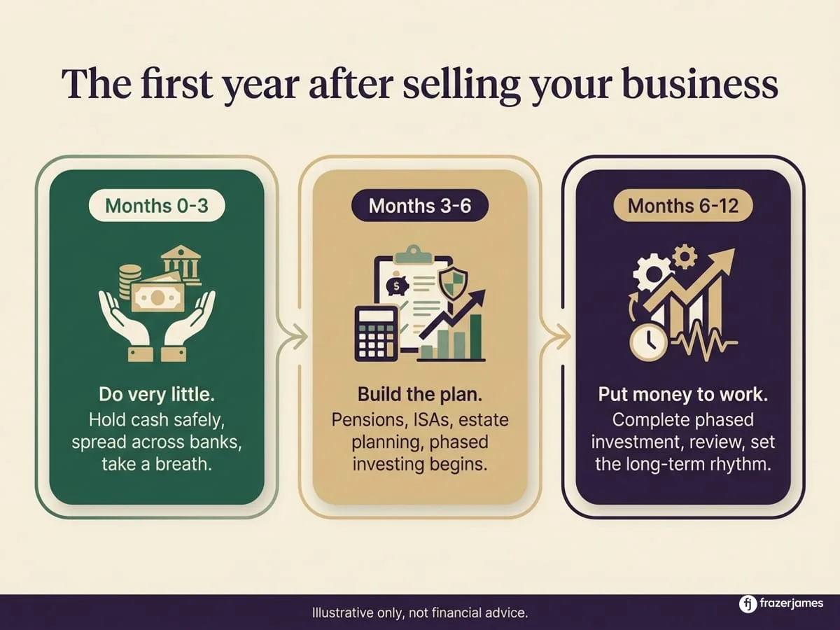The first year after a business sale: a calm, phased approach. Illustrative only.