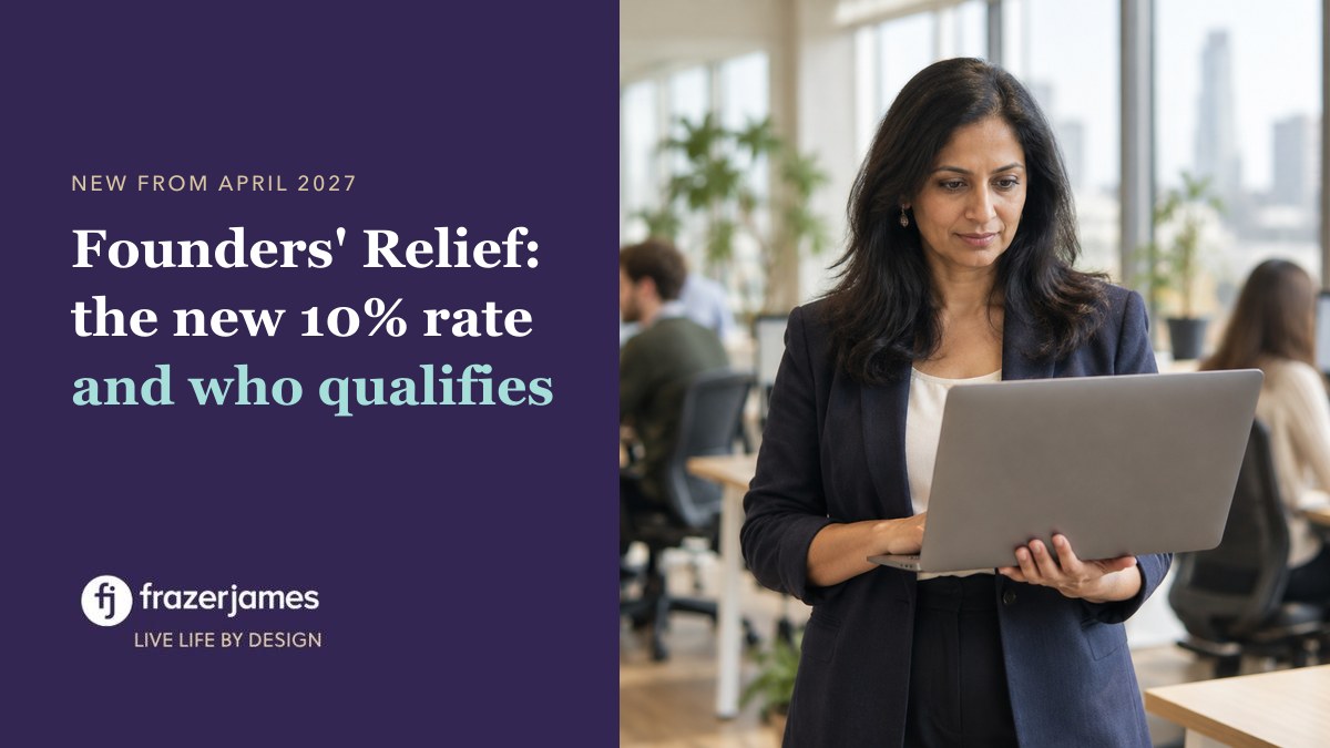 Company co-founder holding a laptop in a busy open-plan office, with the title: Founders' Relief, the new 10% rate and who qualifies
