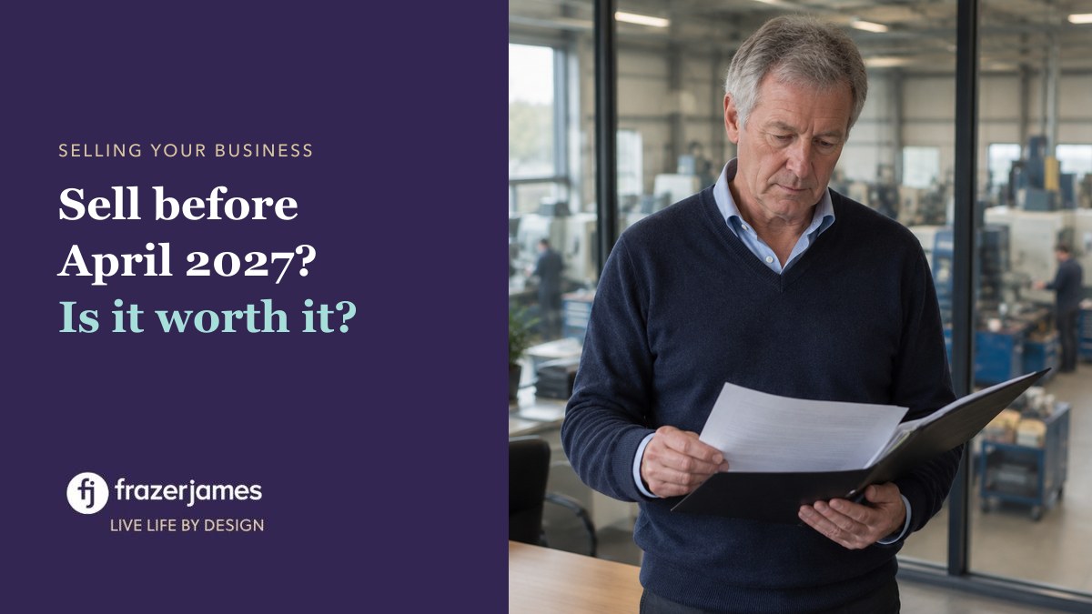 Business owner in his sixties reading a document in his office above the workshop, with the title: Sell before April 2027? Is it worth it?